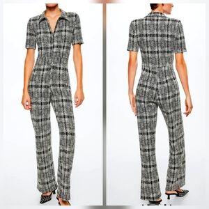 Mango Short Sleeve Tweed Jumpsuit XS Black & White Cotton Blend